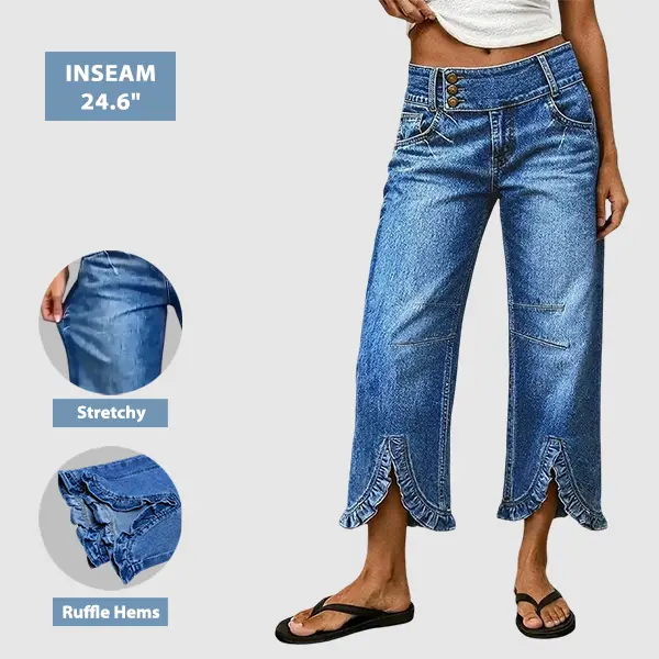 Flamingals Wash Ruffle Hem Asymmetrical Mid Waist Wide Leg Cropped Jeans Womenswear Stretchy 24.6" Inseam