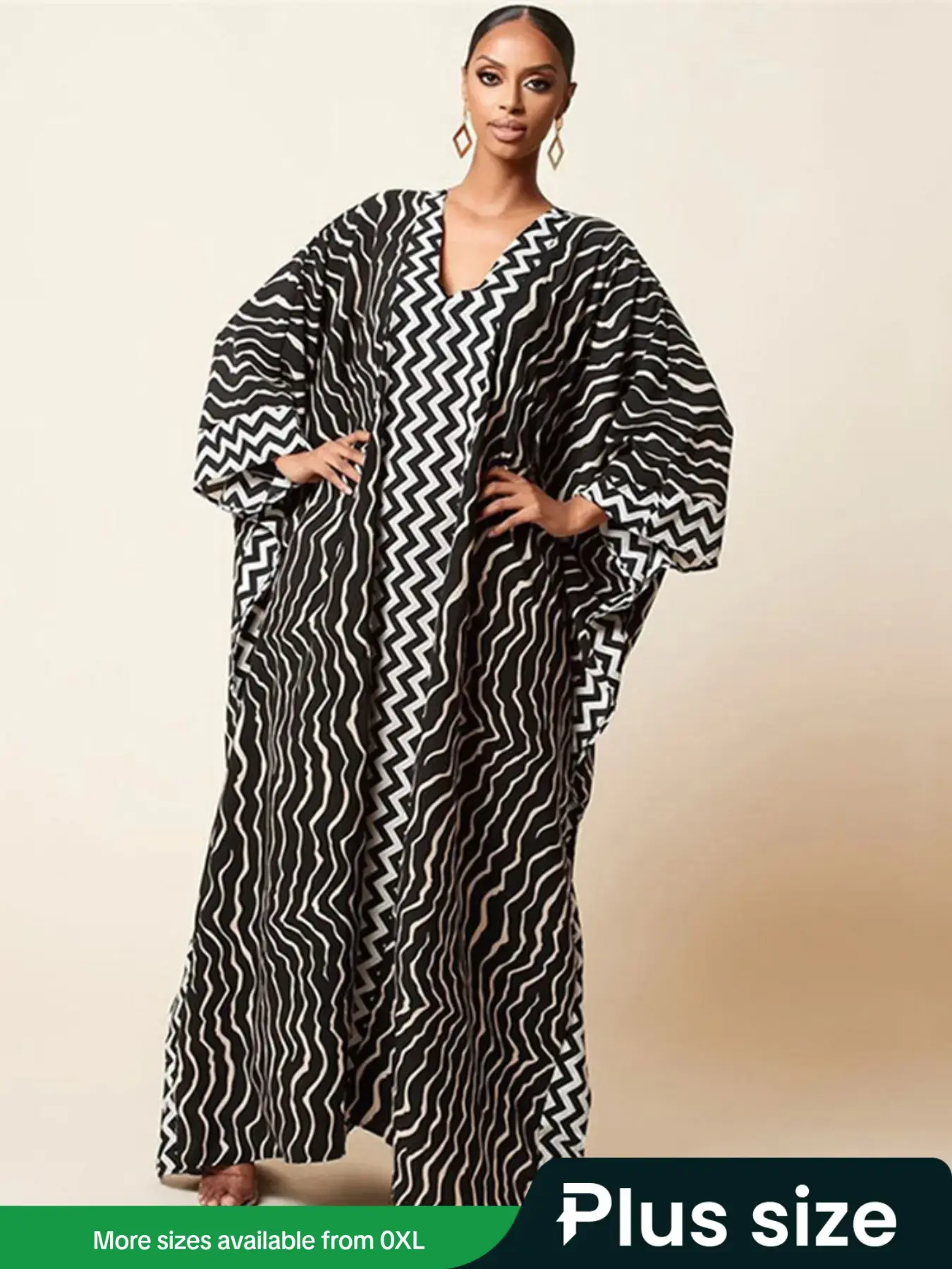 Plus Size Wave & Chevron Print 2 IN 1 Batwing Sleeve Dress, Chic Casual  Loose V