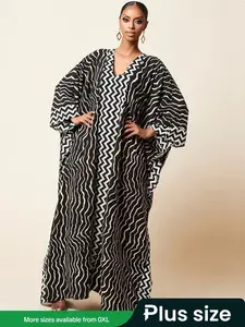Plus Size Wave & Chevron Print 2 IN 1 Batwing Sleeve Dress, Chic Casual Loose V Neck Long Sleeve Dress for Spring, Women's Clothes for Beach Vacation Holiday Casual Fit Chic