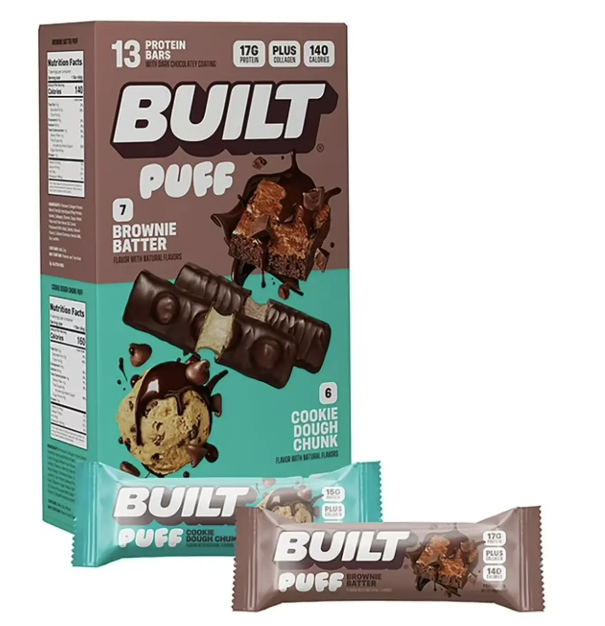 Built Bar Puff & Chunk Collagen Protein Bars - Natural Chunky Cookie Snack, Variety Pack, 13 ct.