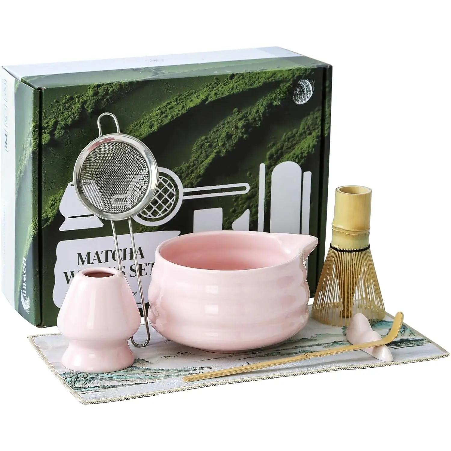 Matcha Whisk Set, 7 count Matcha Set Includes Bowl with Spout, Whisk and Holder,  Scoop and Holder, Sifter and  Towel - 7 count Matcha Kit  for Lovers Beginners, Christmas ()