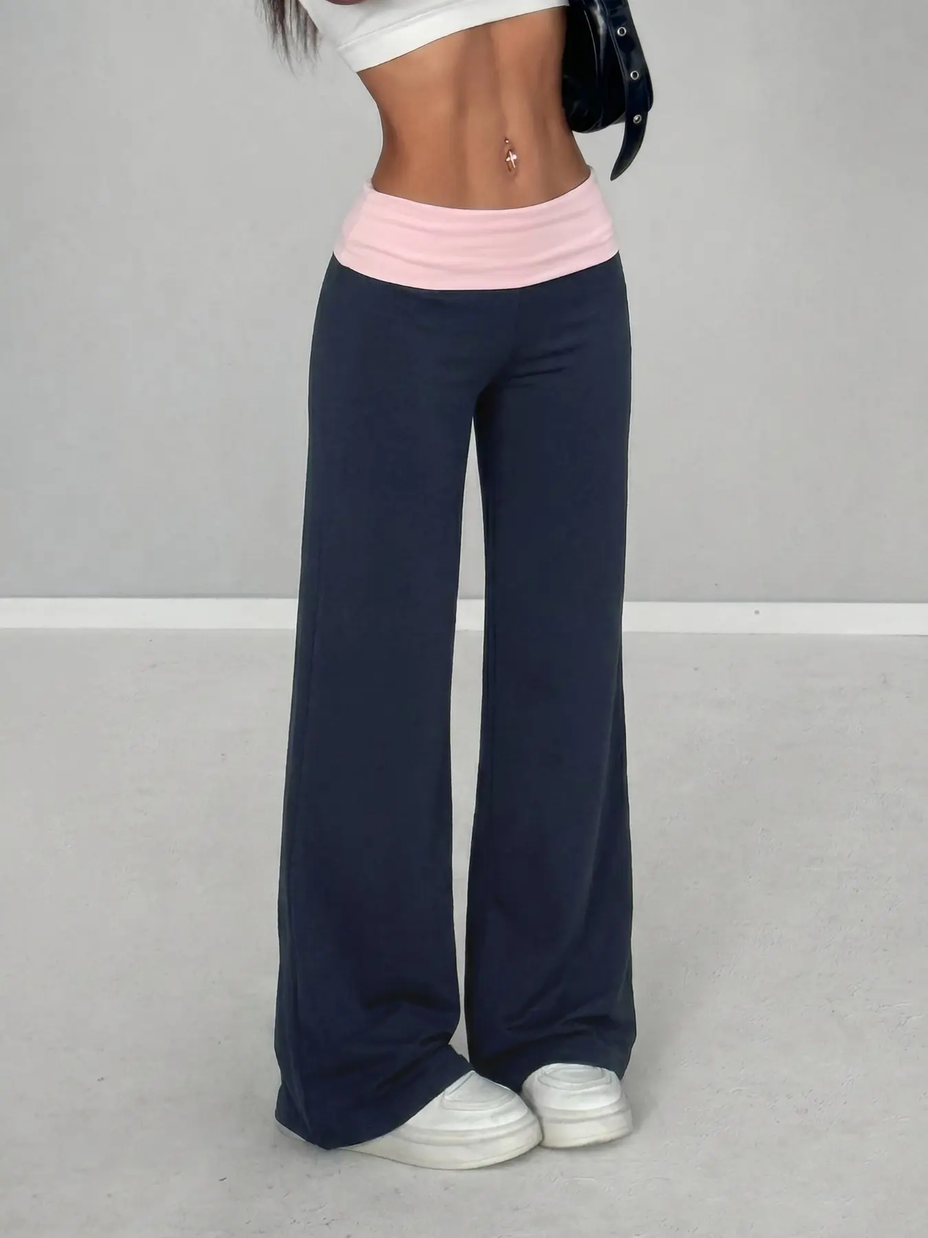 Women's Fold-Over Waist Color Block Patchwork Wide Leg Pants Bottom Casual Lounge Pant 2026 Casual Streetwear Perfect For Everyday And Night Out Stylish Viral TikTok Must Have Fashion Essential