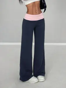 Women's Fold-Over Waist Color Block Patchwork Wide Leg Pants 2026 Casual Streetwear Perfect For Everyday And Night Out Stylish Viral TikTok Must Have Fashion Essential
