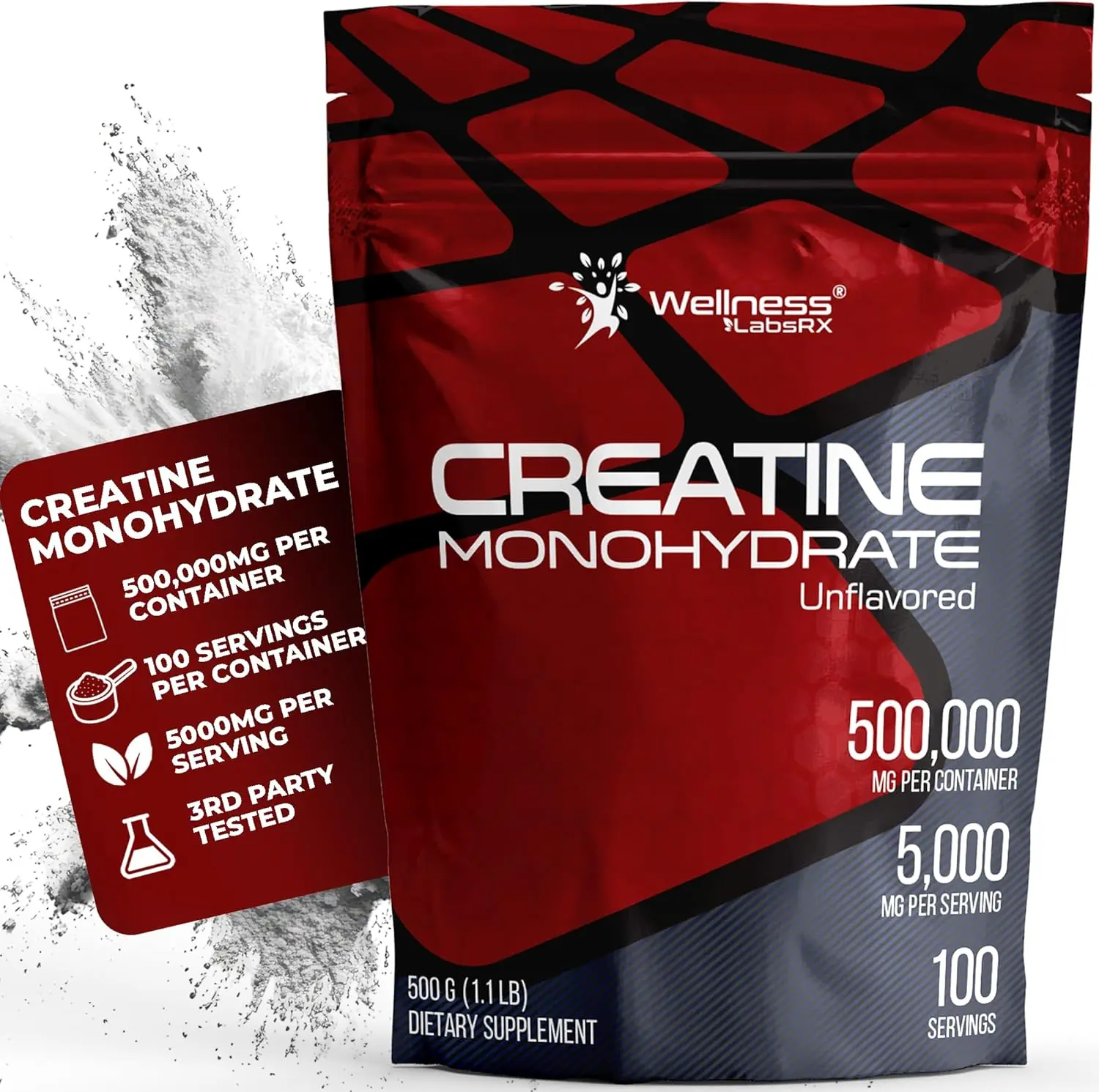 WELLNESS LABSRX Creatine Monohydrate Powder 500g – 100 Servings Micronized Creatine Powder Supplement, Creatine for Women and Men, Supports Muscle Strength, Energy, Endurance and Workout