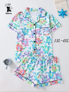 【Plus Size】 Turtle Print Short Sleeve Pajama, Casual Comfy Button Up Lapel Neckline Shirt & Shorts Pj Set, Women's Sleepwear for All Seasons, Summer Sleepwear, Shortsleeve Loungewear, Womenswear, Relaxed Fit Loungewear