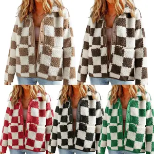 Jacket for Women Plaid Long Sleeve Lightweight Fleece Jacket Button Down Checkerboard Sherpa Coats Fall Outwear