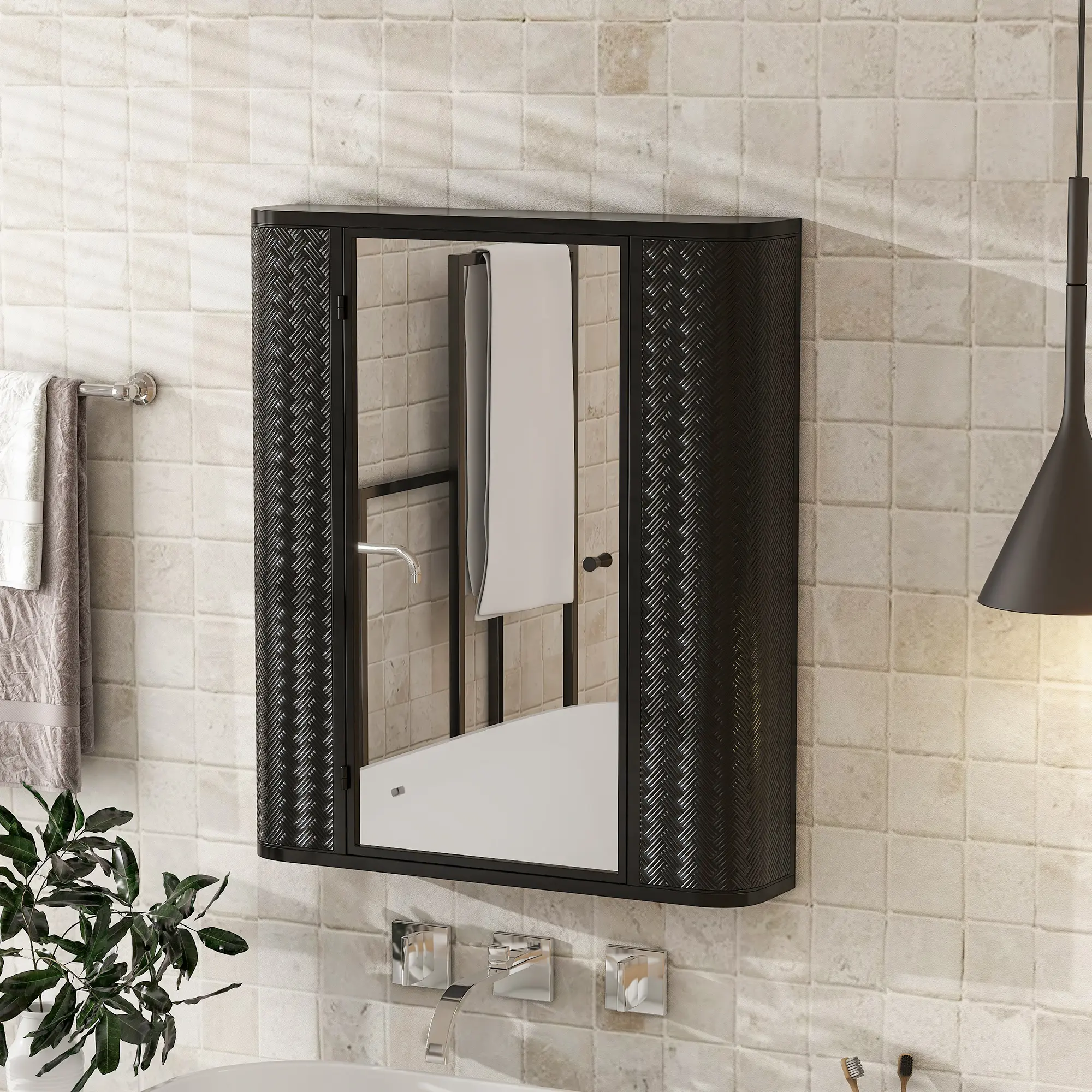 Bathroom Wall Cabinet with Mirror, Antique Black Steel Frame, Single Door, Glass Shelf and Open Storage, Farmhouse Style, Over Toilet or Vanity Organizer