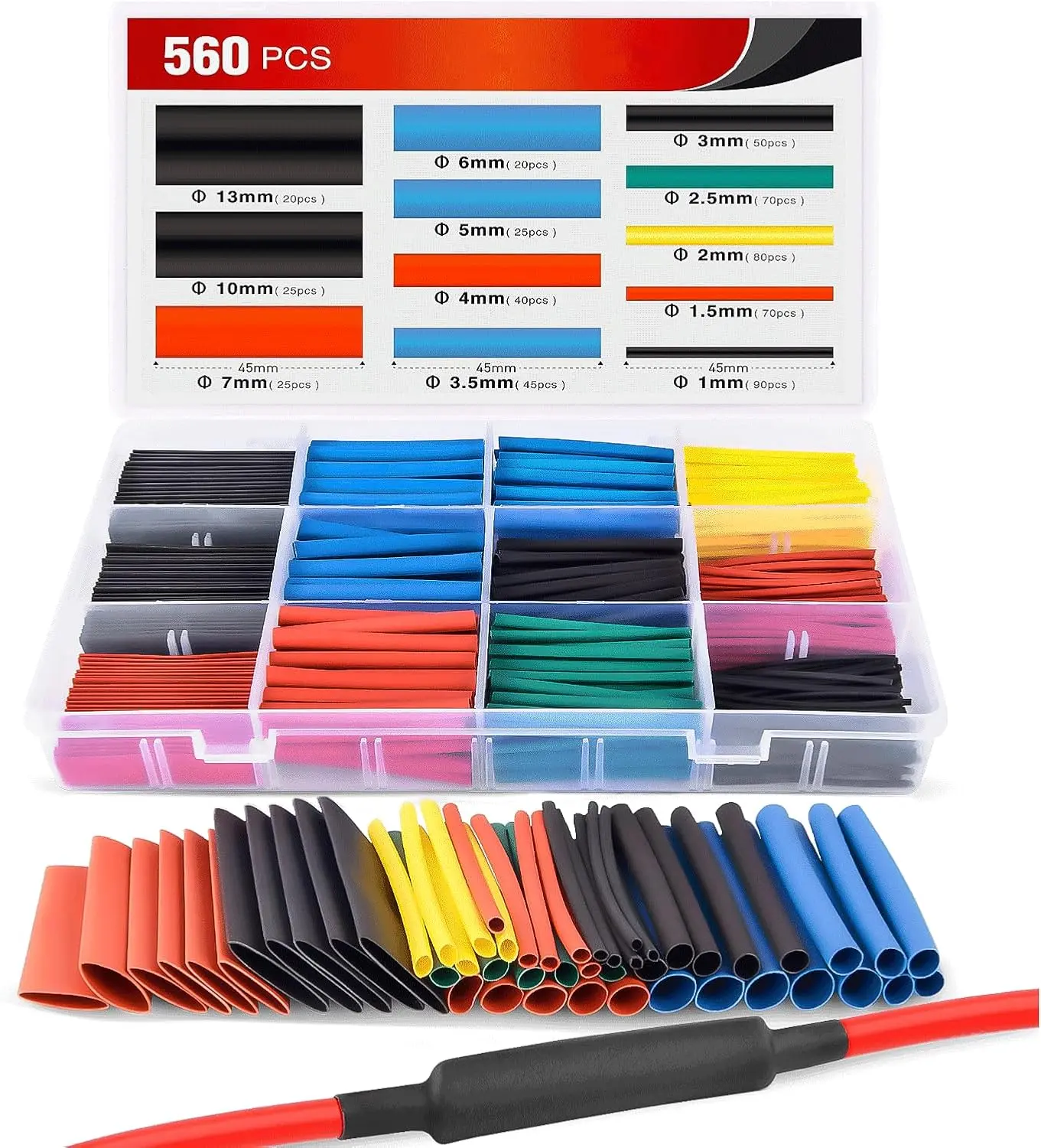 Nilight 2:1 Ratio Polyolefin Heat Shrink Tube Kit, 45mm Flame Retardant Anti-Aging 15kV/mm Wire Insulation Wrap Sleeve, 560pcs, 5 Colors, 12 Sizes, Box Organized Storage Case, 2-Year Warranty