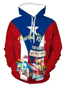 Men's Puerto Rican Flag Graphic Hoodie, Casual Fitted Pullover with Drawstring, Loose Fit Outdoor Fitness Wear, Fall Winter Clothing, Casual Print Hoodie