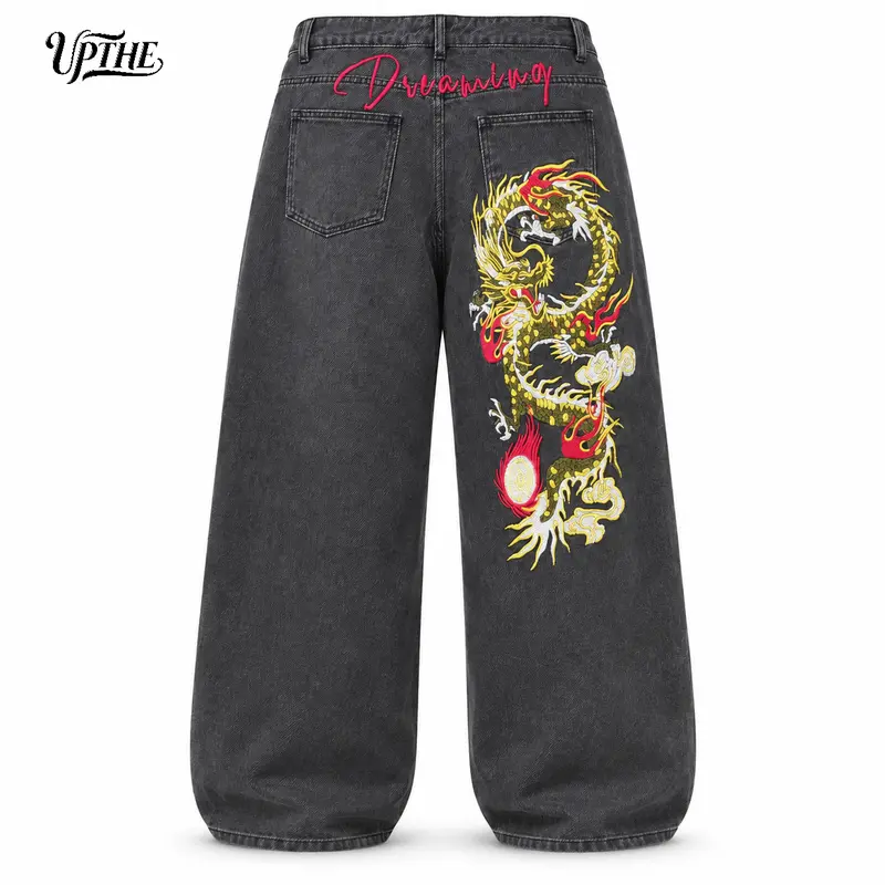 UP THE Men’s Button-Front Dragon Embroidery Baggy Jeans - Vintage Washed Black Denim, High Street Streetwear Clothing, Hip-Hop Loose Wide Leg Pants for New Year & Urban Outfits, Hip-Hop Men's Jeans