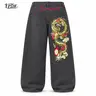 UP THE Men’s Button-Front Dragon Embroidery Baggy Jeans - Vintage Washed Black Denim, High Street Streetwear Clothing, Hip-Hop Loose Wide Leg Pants for New Year & Urban Outfits, Hip-Hop Men's Jeans