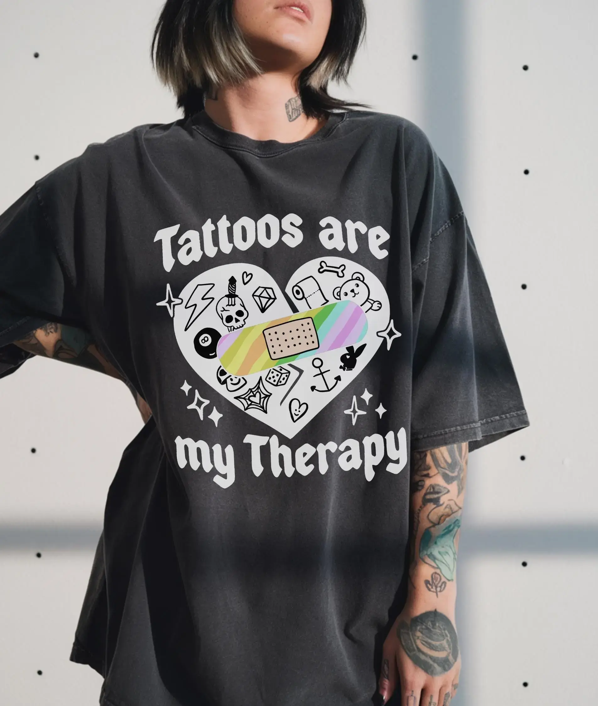 Tattoos Are My Therapy Graphic Tee Shirt for Women, trendy retro funny edgy tattooed tatted inked sarcastic punk emo goth tshirt