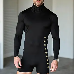 INCERUN Men's All-Season Black High Neck Bodycon Jumpsuit: Military-Inspired Gold Side Button Romper for Stage Performance, Exclusive Nightclub Parties & Fitness Fashion Photography.