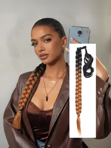 Black and Brown Orange Long Braided Ponytail Extension For Black Women Soft Synthetic Hair Piece For Women with Hair Tie Straight Wrap Around Ponytail Braided Hair Extensions pre Stretched