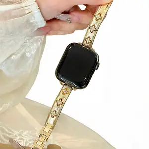 2026 NEW Gold Lucky Clover Rhinestone  iWatch Band For Women Luxury Jewelry Bracelet 316L Stainless Steel Adjustable Strap Fits Small Wrists Compatible With iWatch Series 1-11 SE Ultra 38-49mm Summer Daily Casual Dressy Accessory