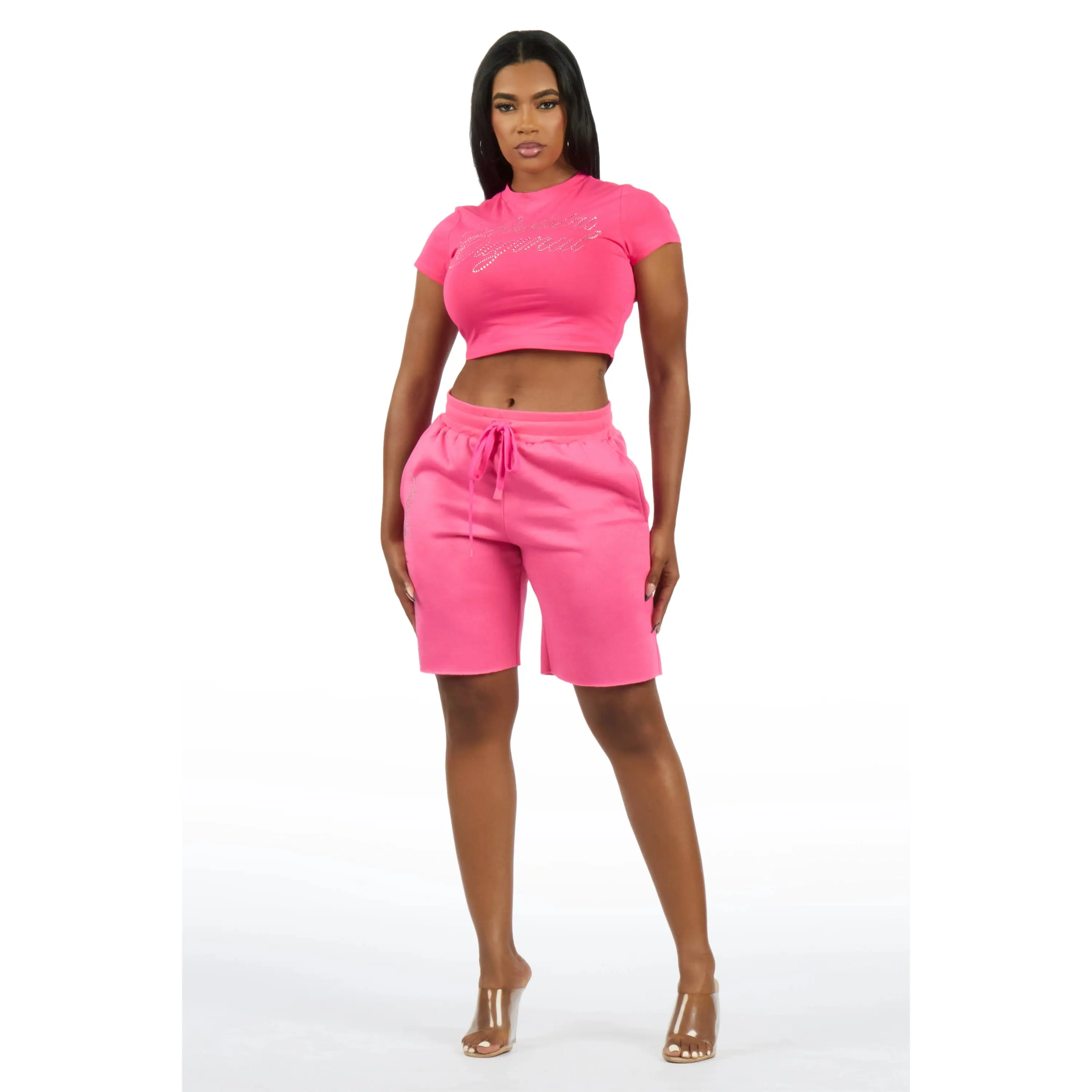 Taiesha Hot Pink Rhinestone T-Shirt Short Set