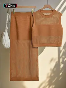 Women's Round Neck Plain Cut Out Sleeveless Vest + Elastic Waist Long Skirt Set, Womenswear Casual Summer Vacation Knit Half Dress Suit