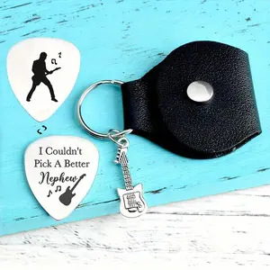 Guitar Pick Keychain, Stainless Steel Guitar Pick Holder with Leather Case, Personalized Musician Gift, Guitar Player Accessory