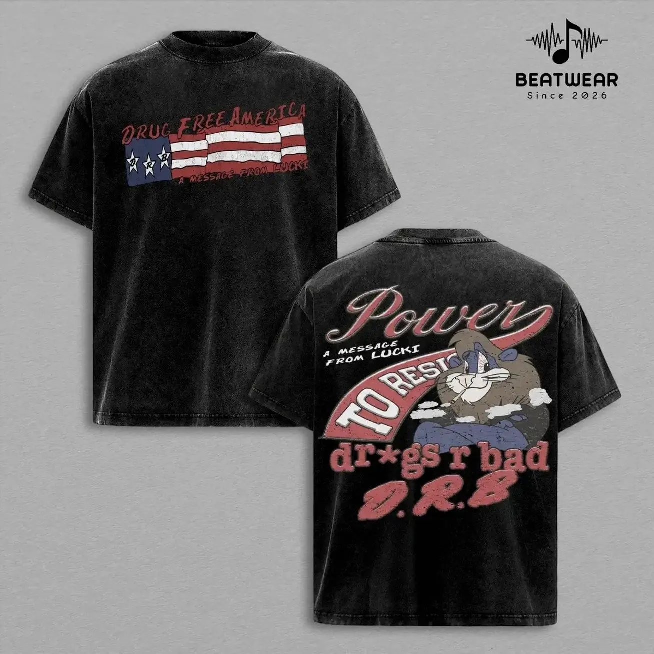 Lucki Dr*gs R Bad D.B.R Shirt – Vintage Washed Oversized Graphic T Shirt, Drugs R Bad Album Merch Bugs Bunny Power To RGift for Lucki Fansesist, Streetwear Heavy Cotton Unisex CMR