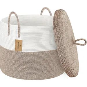 18 X 14 Large Storage Basket with Lid Blanket Basket Living Room Woven Cotton Rope Storage Box Lidded Dog Toy Bin Tall Wicker Laundry Basket Blankets Pillows Organizer Holder