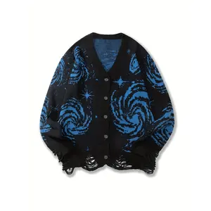 Men's Oversized Starry Sky Knit Cardigan Sweater - Black & White Galaxy Print, Button-Up Front, Loose Fit, Warm & Comfortable for Fall/Winter Casual Wear, Knit Sweater