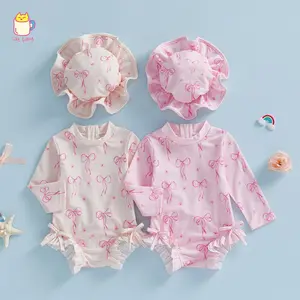 Toddler Baby Girl Rash Guard Swimsuit Set Girls Bow Print Long Sleeve Round Neck Ruffle Jumpsuit and Hat Set for Pool Beach 3M-3Y