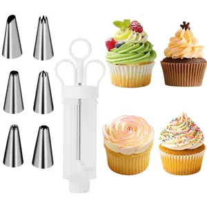 Cake Decorating Gun, Cupcake Icing Piping Kit, Cake Decorating Kit with 6 Stainless Steel Piping Tips, Cupcake Injector/Decorating Icing Set, White