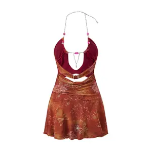 Women Halterneck Bikini  Y2K Mini Halter Dress Ruffle Skirt Set  With Chains For Beach Party Club Travel