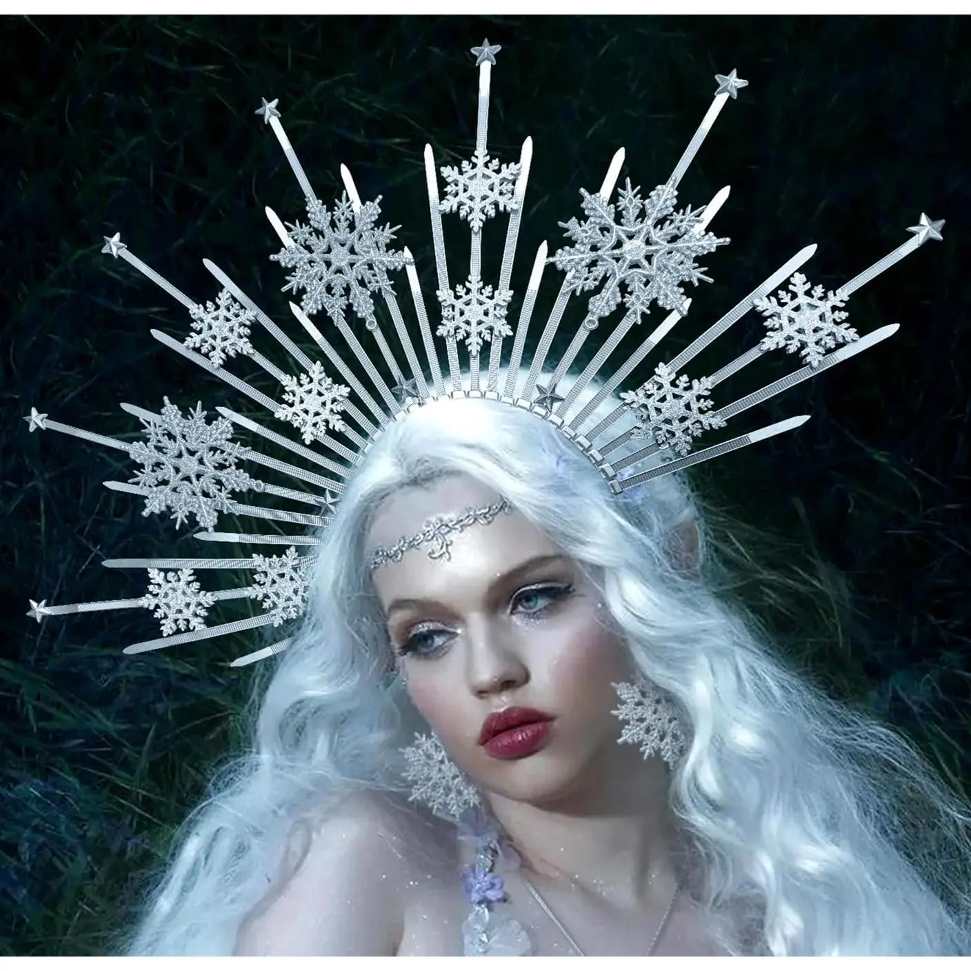 4 PCS Winter Snowflake Crown Headband Set - Frozen Costume Accessory, Winter Wonderland Headpiece, Snowflake Necklace & Earrings (Festive Party Supplies)