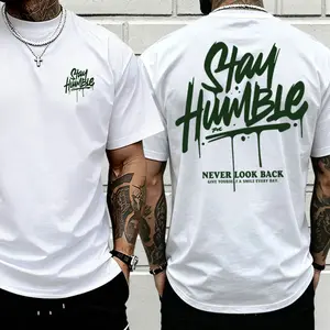 Men’s double-sided print “Stay Humble Never Look Back” graphic T-shirt, vintage drip letter oversized cotton tee, motivational streetwear casual top for everyday wear