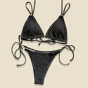 LUVUE Women Textured Two-Piece Bikini Set with Halter Triangle Top and Cheeky Bottom, Sexy Swimsuit for Beach and Pool