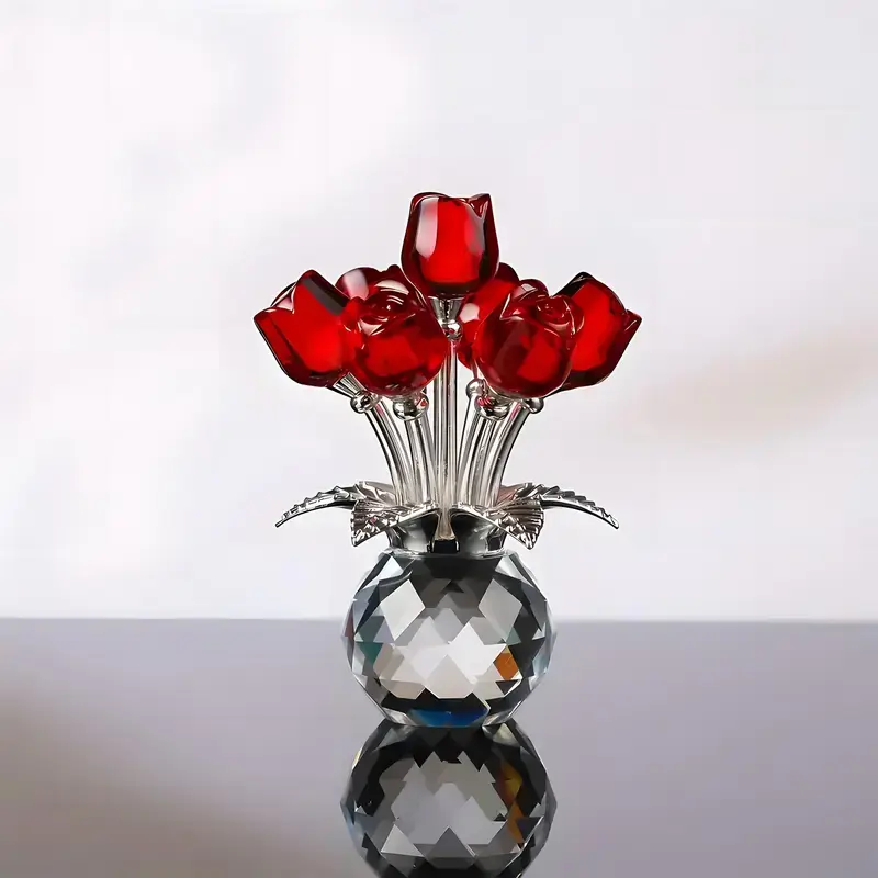Luxurious Crystal Glass Rose Bouquet - Decorative Colorful Artificial Flowers with Gem Accents, Ideal Anniversary Gift for Loved Ones, Office or Home Decoration