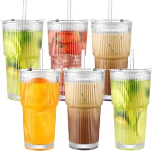 20oz Large Capacity Ribbed Glass Cups | 6/8Pack Thickened Set with Lids & Straws | for Coffee, Smoothies, Cocktails & Juices