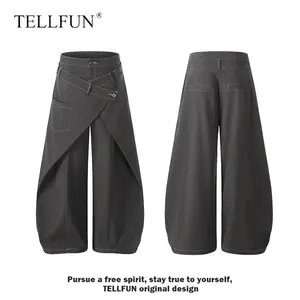 Wrap Panel High Waist Baggy Barrel Pants Waist Asymmetric Wrap Design Strap Detail Casual Streetwear Unisex Trousers 2in1 Sweatpants Loose Fit