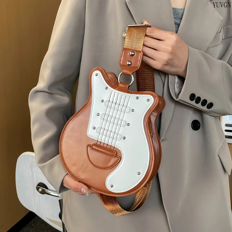 Guitar-Shaped Crossbody Bag for Women, Vintage Faux Leather Casual Trendy Purse with Adjustable Patterned Strap for Music Lovers, Casual Trendy Purses, Crossbody Fashion Bag, Messenger Bag