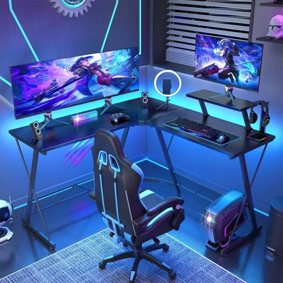 51 Inch Carbon Fiber Black L Shaped Gaming Table Corner Computer Desk With Remote Control Light Strip And Hook Gaming Desk, Corner Desk With Large Display Shelf And Carbon Fiber Surface, Perfect Valentine's Day Computer Desk