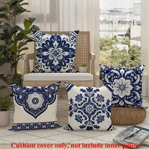 4pcs Floral & Plant Pattern Navy Blue And White Polyester Pillow Covers, Vintage Bohemian Style Creative Decorative Cushion Covers, 45*45cm/17.71"X17.71", For Living Room, Bedroom, Sofa, Bed Decor, Pillow Inserts Not Included