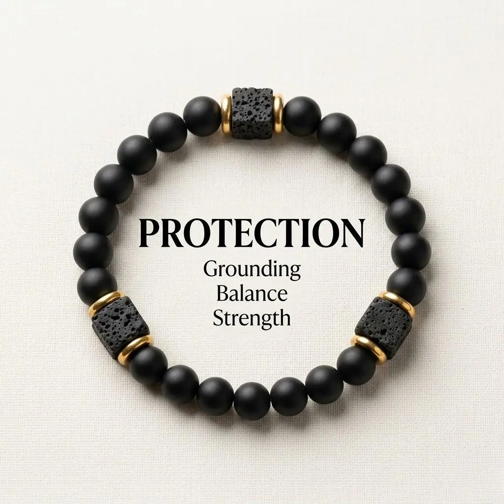 Matte Black Onyx Bracelet with Lava Stone Cube Accent, Unisex 7.79 Inch Stretch Fit for Everyday Wear, Healing Stone for Grounding & Protection, Mens Gifts, Bracelets For Women, Balance, Daily, Inner Strength, Ultimate Protection, Unisex Style For All
