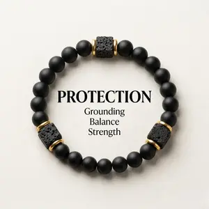 Matte Black Onyx & Lava Cube Balance Bracelet - Ultimate Protection & Inner Strength, Unisex Healing Stone Stretch Bracelet for Men & Women Grounding
