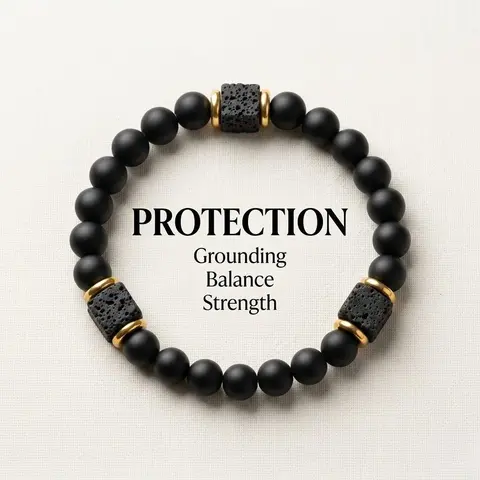 Matte Black Onyx Bracelet with Lava Stone Cube Accent, 7.79in (19.48cm) Stretch Fit, Unisex Style for All Healing Stone for Grounding & Inner Strength, Bracelets for Women, Everyday Wear All Seasons Fashion Accessory