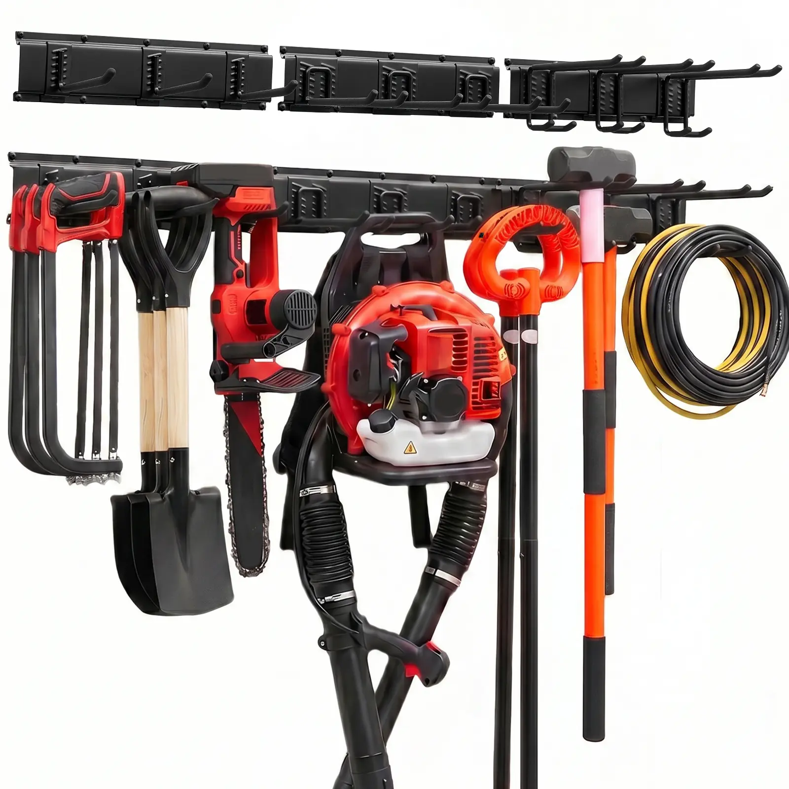 VEVOR Garage Tool Organizer 49.5 Inch 600 lbs Wall Mount Garden Tool Rack, Heavy Duty Garage Hanging Storage Rack Organization with 3 Rails and 9 Adjustable Hooks, for Yard Tools, Shovel, Rake, Shed