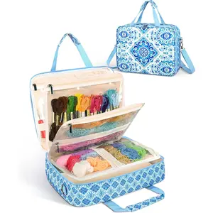 Sewing Supply Storage Bag with Removable Binder, Large Capacity Sewing Organizer Tote With Multi Pocket for Threads, Needles, Scissors, Craft Supplies(Blue Floral)