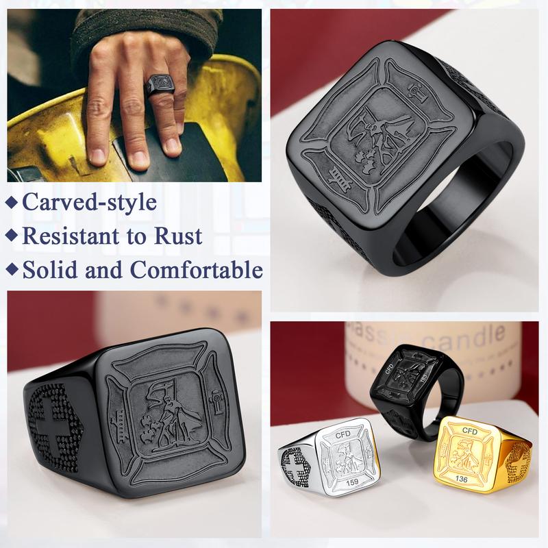 FaithHeart Firefighter Ring Saint Florian Prayer Ring for Men Stainless Steel