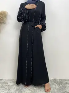 Women's Faux Pearls Decor Tie Front Abaya Without Hijab, Modest Long Sleeve Maxi Abaya, Summer Outfits 2024, Muslim Clothes For Women, Modesty Abaya
