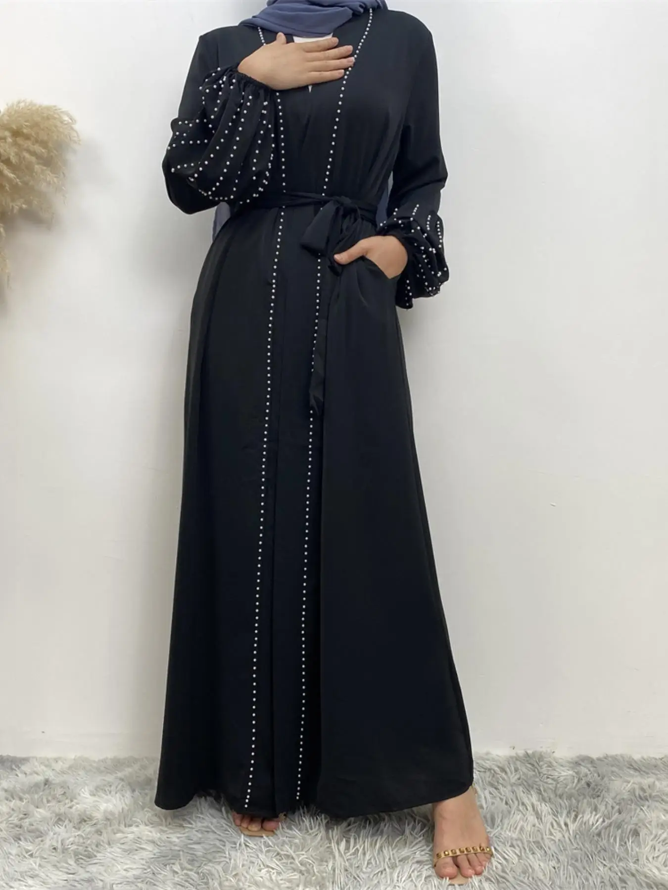 Women's Faux Pearls Decor Tie Front Abaya Without Hijab, Modest Long Sleeve Maxi Abaya, Summer Outfits 2024, Muslim Clothes For Women