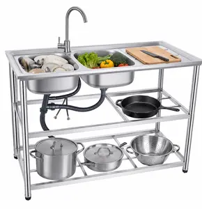 Heavy Duty Freestanding Stainless Steel Double Bowl Prep Sink with Faucet, Commercial Utility Washing Station with Drainboard and Open Storage Shelves, Ideal for Restaurant, Garage, Laundry Room and Outdoor Cooking Areas