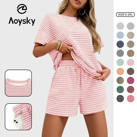 Aoysky Women's 2-Piece Striped PJ Set - Oversized Short-Sleeve T-Shirt, Drawstring Above-the-Knee Shorts, Casual Outfits for Women, Machine Washable, S Size Available, Woman 2 Piece Set