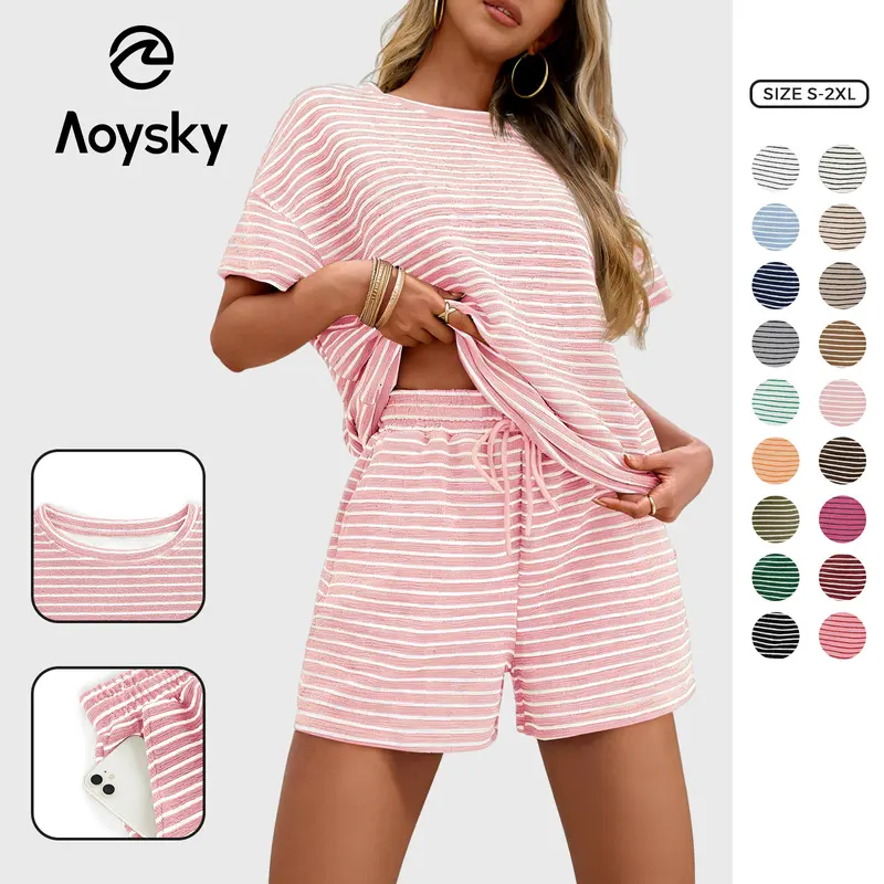 Aoysky Women's 2-Piece Striped PJ Set - Oversized Short-Sleeve T-Shirt, Drawstring Above-the-Knee Shorts, Casual Outfits for Women, Machine Washable, S Size Available, Woman 2 Piece Set
