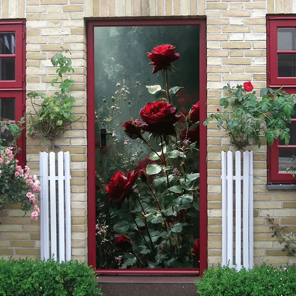 2pcs High Definition Red Rose Pattern Decorative Door Wall Sticker with Exquisite Texture and Natural Light Effect Suitable for Living Room Bedroom Entrance Self Adhesive Easy to Install Removable No
