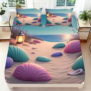 2/3 Pcs 2D Flat Beach Seashell Lantern Fitted Sheet Set，Seashell Beach Bedding Set Quilt Cover 1 Fitted Sheet+ 1/2 Pillowcases，Beach Seashell Top Sheet Decorative Bedding Bedroom Decor